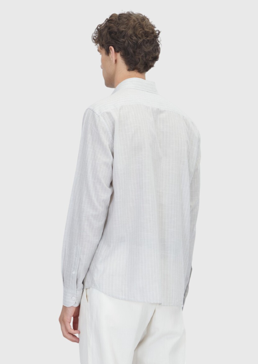 Grey Striped Regular Fit Long Weaving Casual 100% Cotton Shirt - 6