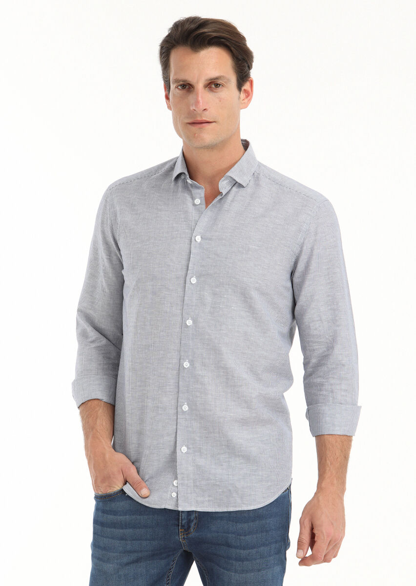 Grey Striped Regular Fit Long Weaving Casual Cotton Blended Shirt - 2