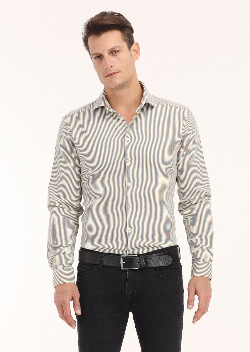 Grey Striped Regular Fit Long Weaving Casual Cotton Blended Shirt - 2