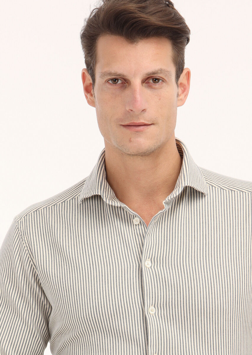 Grey Striped Regular Fit Long Weaving Casual Cotton Blended Shirt - 3