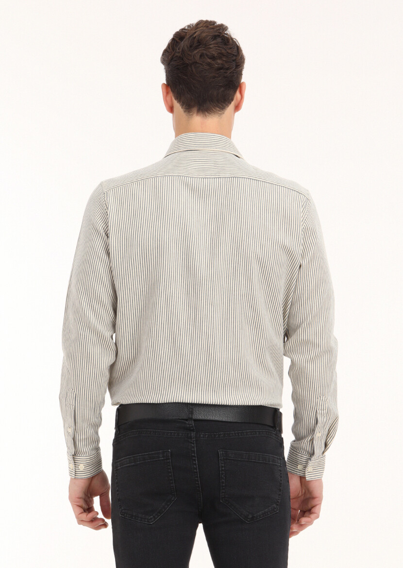 Grey Striped Regular Fit Long Weaving Casual Cotton Blended Shirt - 4