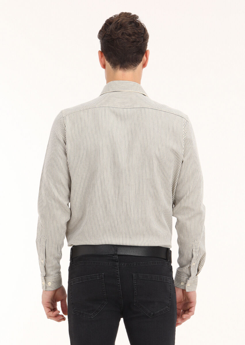 Grey Striped Regular Fit Long Weaving Casual Cotton Blended Shirt - 4