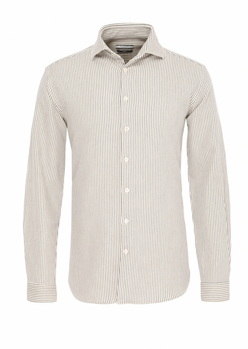 Grey Striped Regular Fit Long Weaving Casual Cotton Blended Shirt - 5