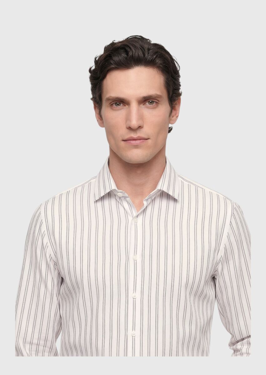 Grey Striped Regular Fit Long Weaving Casual Silk Blended Shirt - 3