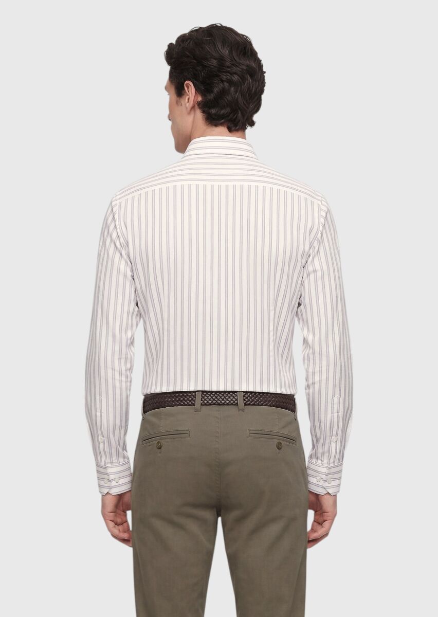 Grey Striped Regular Fit Long Weaving Casual Silk Blended Shirt - 5