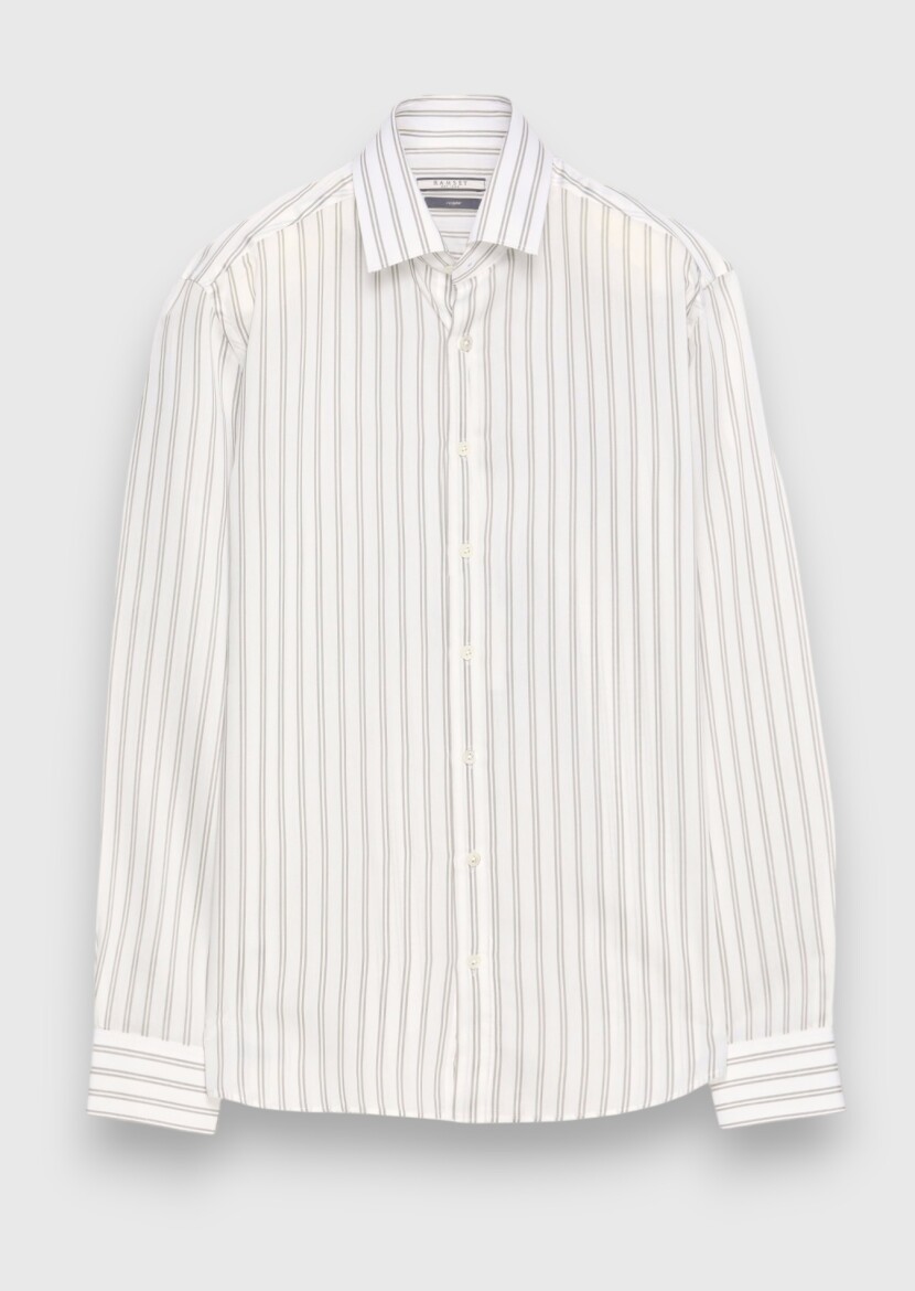 Grey Striped Regular Fit Long Weaving Casual Silk Blended Shirt - 6