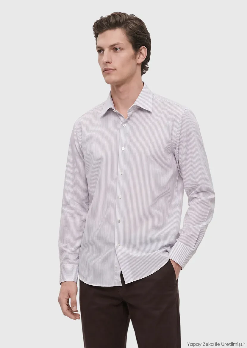 Grey Striped Regular Fit Long Weaving Classical 100% Cotton Shirt - RAMSEY