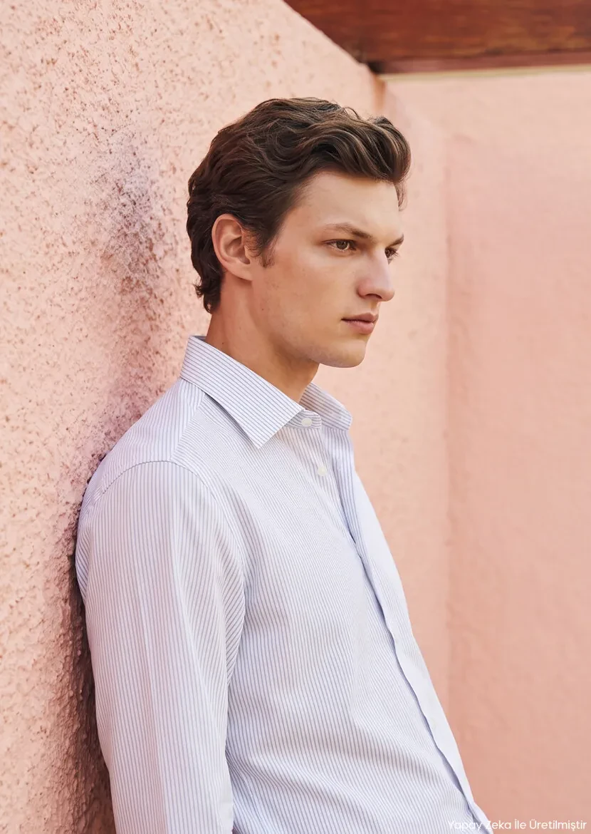 Grey Striped Regular Fit Long Weaving Classical 100% Cotton Shirt - RAMSEY