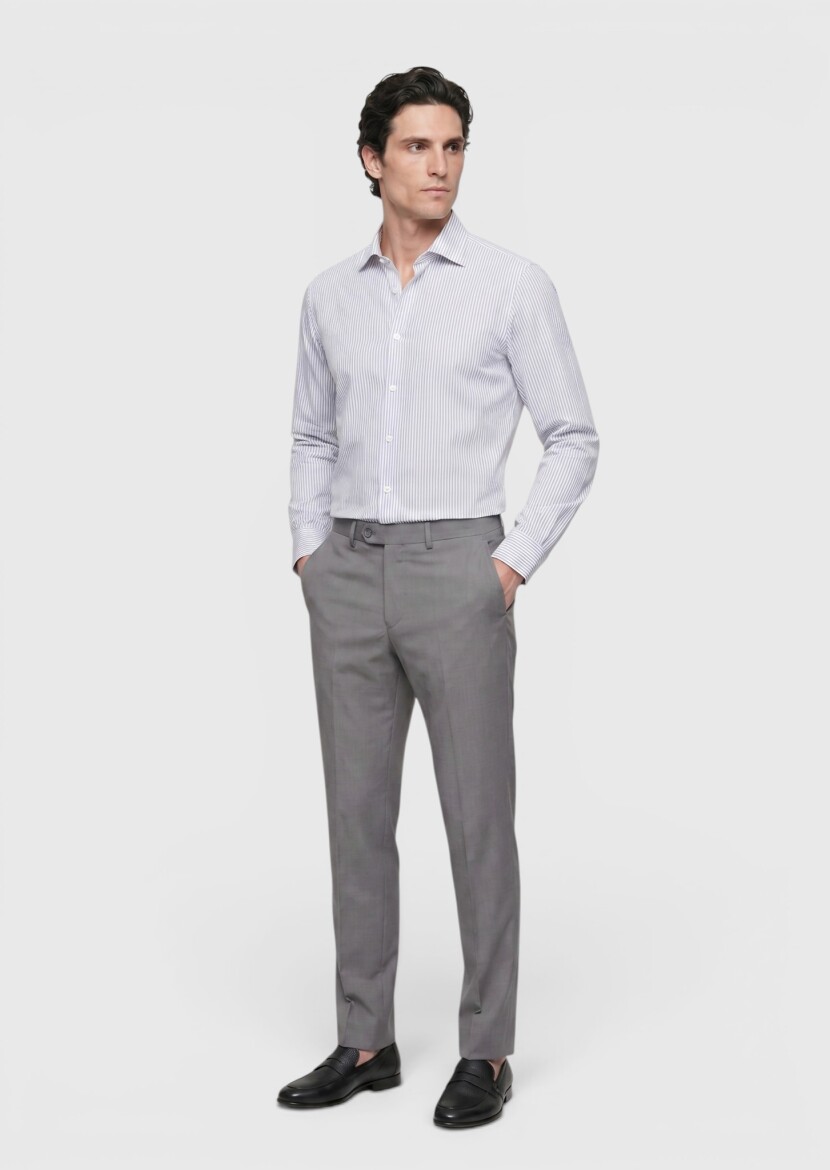 Grey Striped Regular Fit Long Weaving Classical 100% Cotton Shirt - RAMSEY