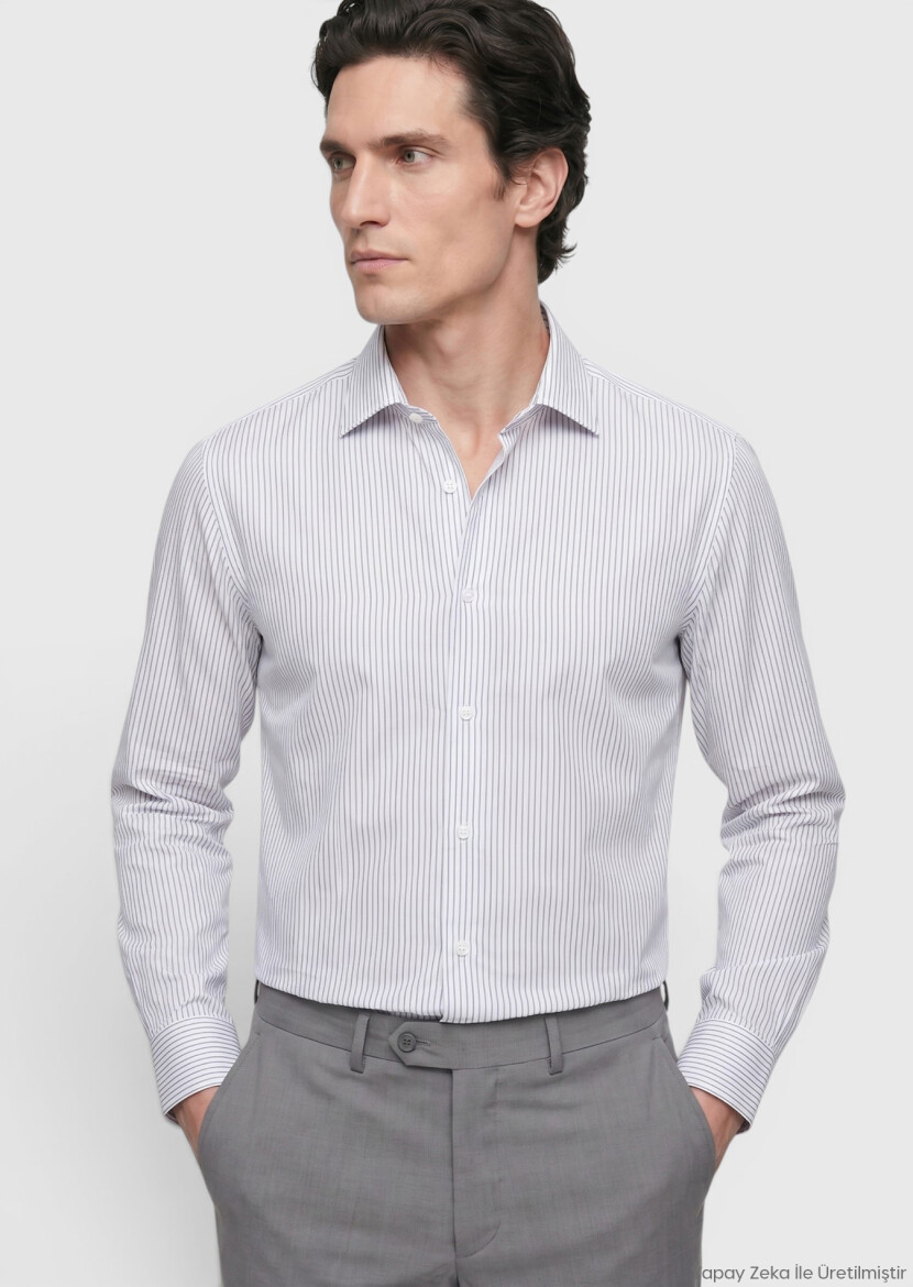 Grey Striped Regular Fit Long Weaving Classical 100% Cotton Shirt - RAMSEY