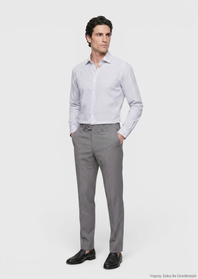 Grey Striped Regular Fit Long Weaving Classical 100% Cotton Shirt - RAMSEY