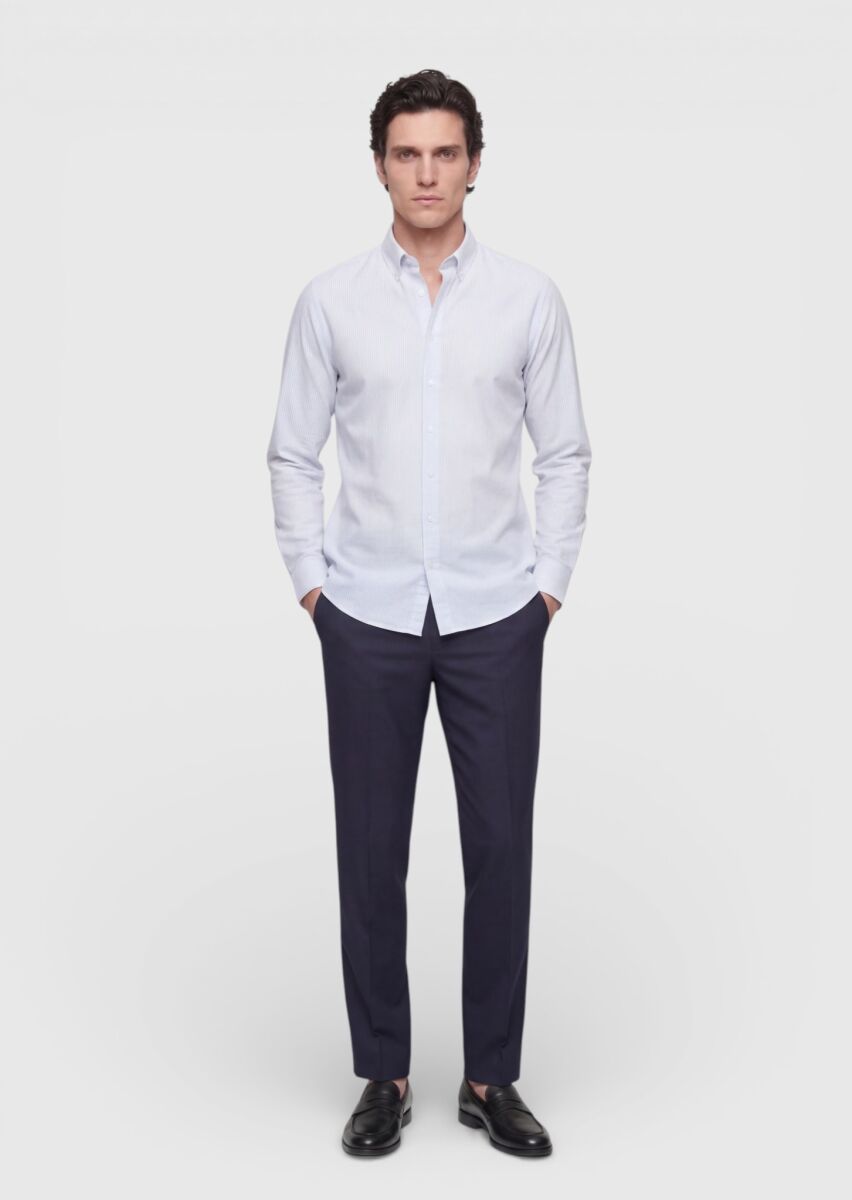 Grey Striped Regular Fit Long Weaving Classical Silk Blended Shirt - 3