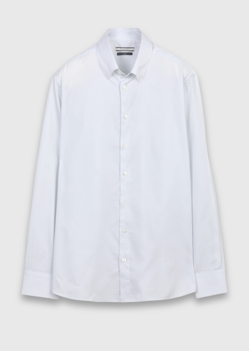 Grey Striped Regular Fit Long Weaving Classical Silk Blended Shirt - 5