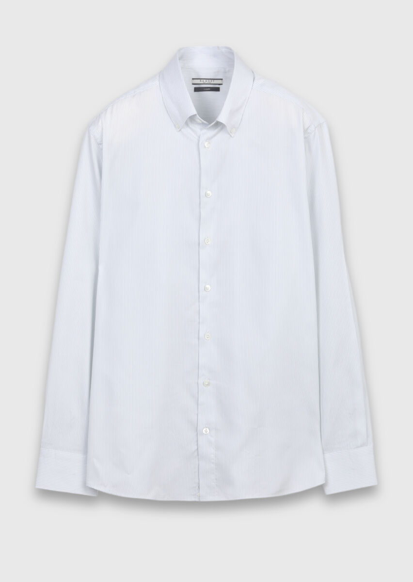 Grey Striped Regular Fit Long Weaving Classical Silk Blended Shirt - 5