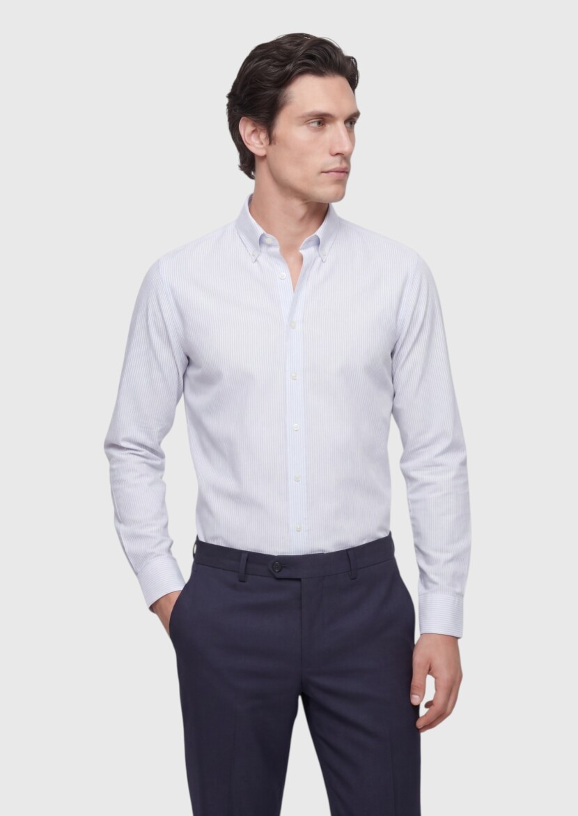 Grey Striped Regular Fit Long Weaving Classical Silk Blended Shirt - RAMSEY