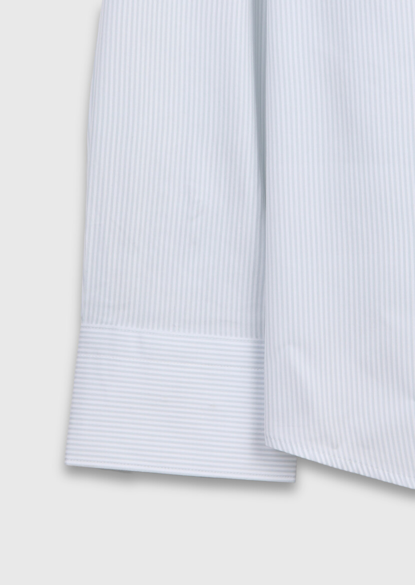 Grey Striped Regular Fit Long Weaving Classical Silk Blended Shirt - 7