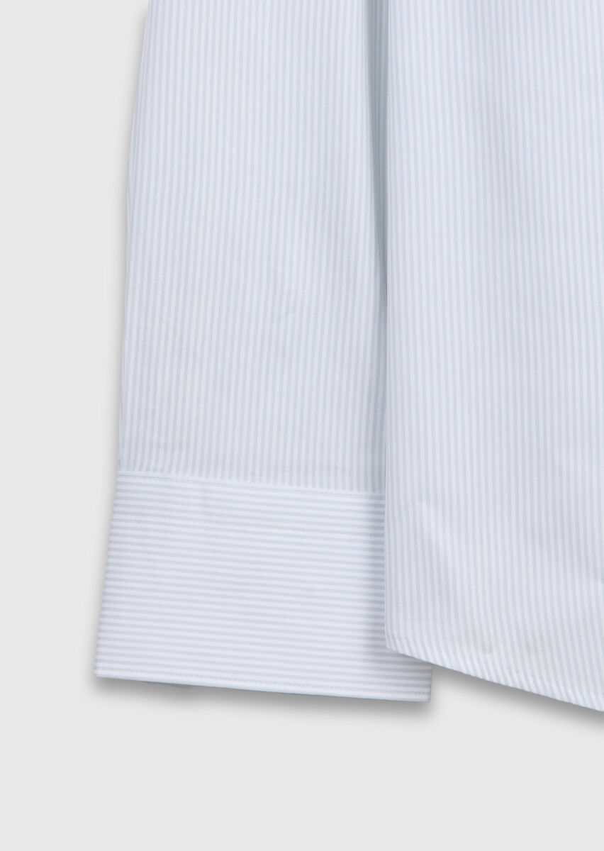 Grey Striped Regular Fit Long Weaving Classical Silk Blended Shirt - 7