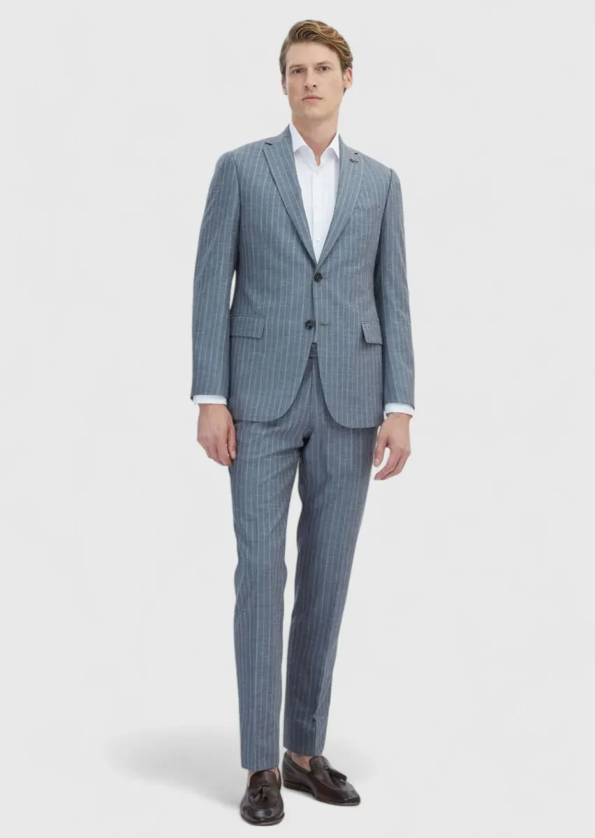 Grey Striped Regular Fit Silk Blended Suit - 2