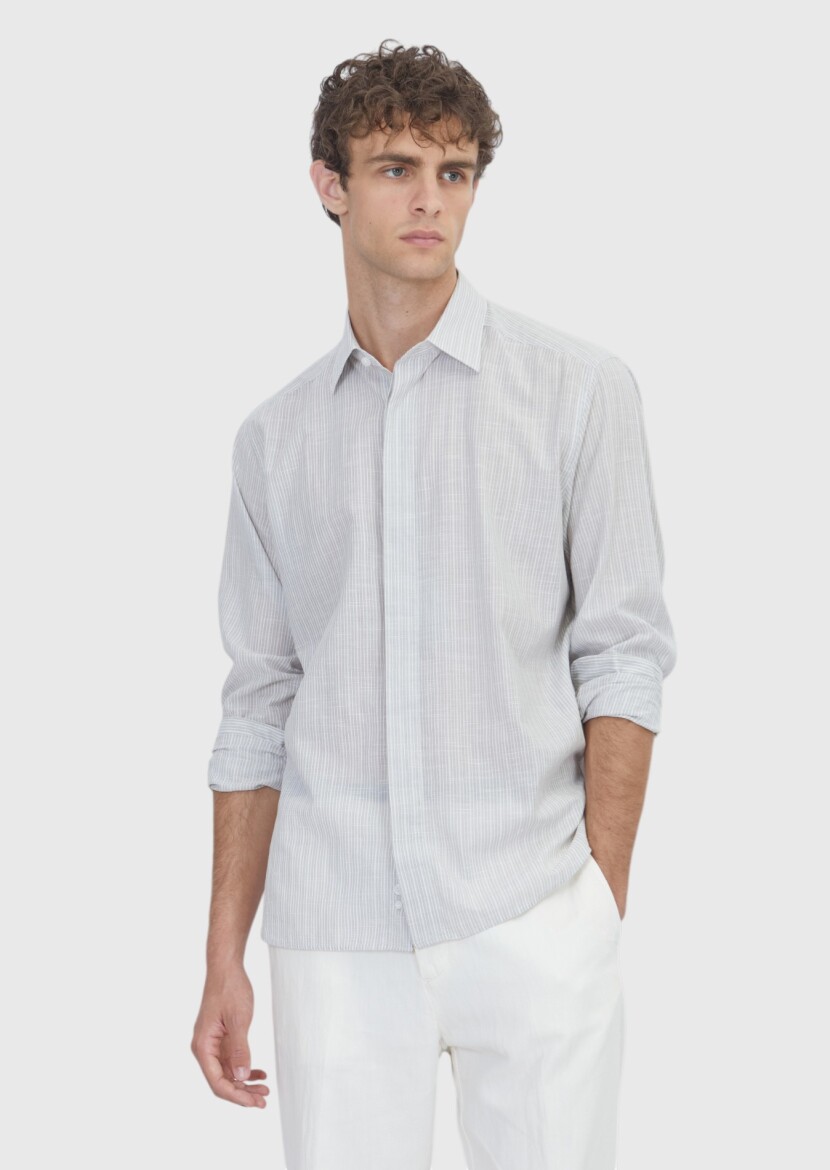 Grey Striped Regular Fit Weaving Casual 100% Cotton Shirt - RAMSEY