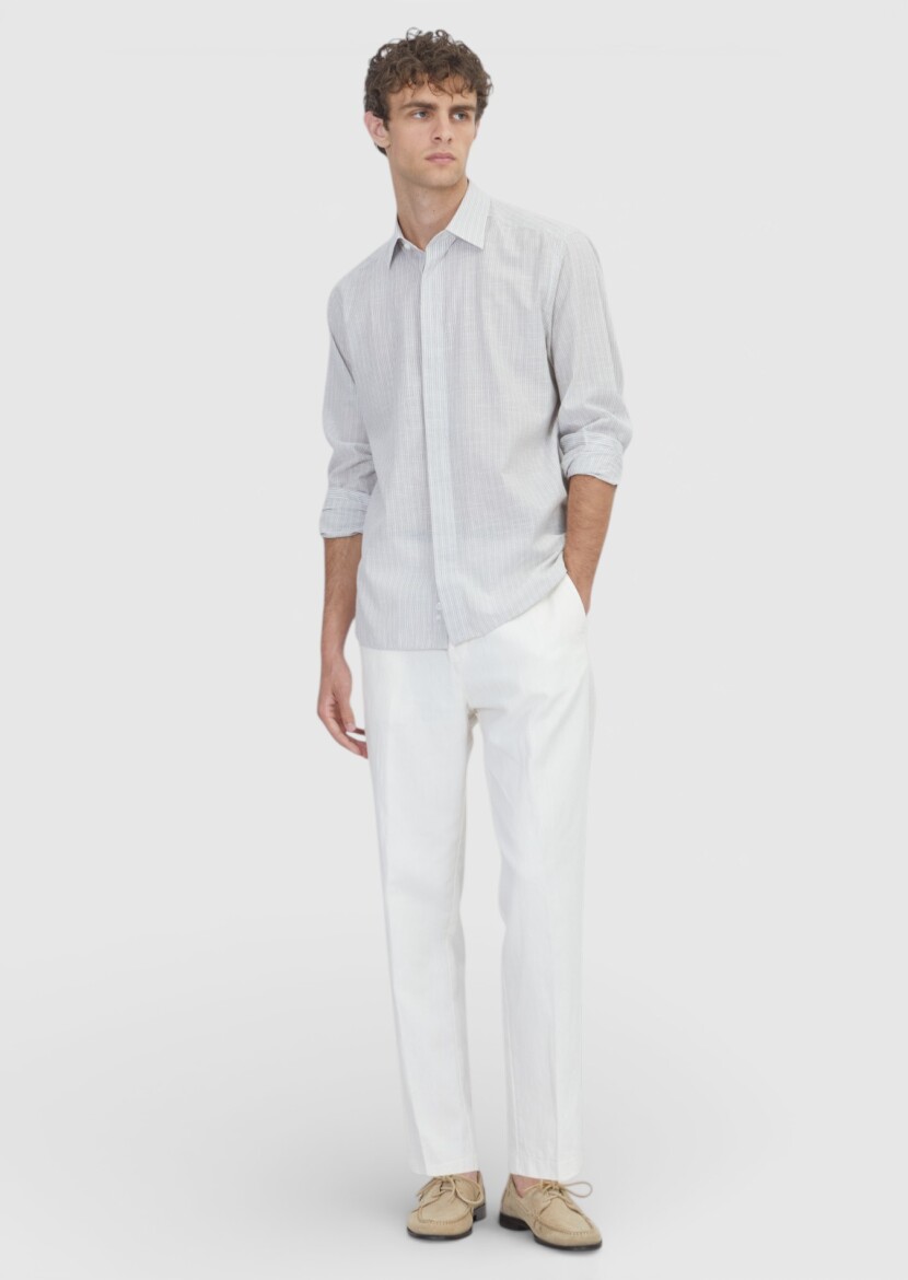 Grey Striped Regular Fit Weaving Casual 100% Cotton Shirt - RAMSEY