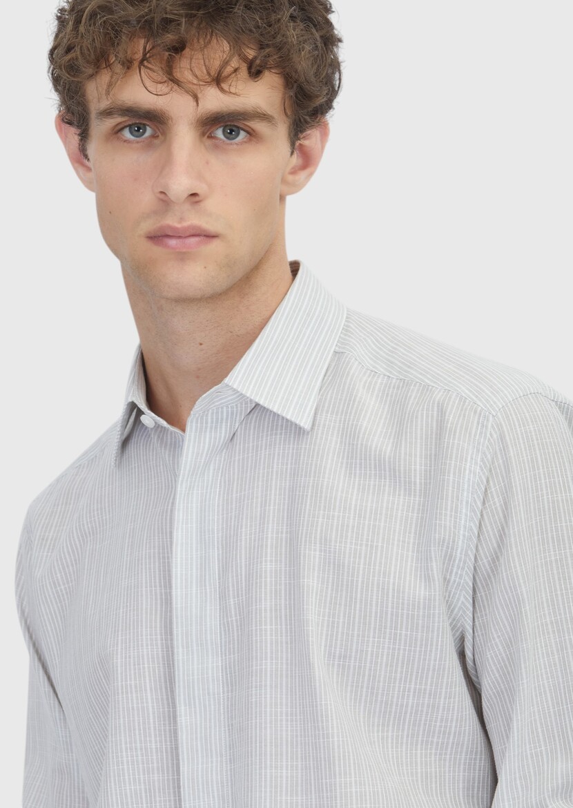 Grey Striped Regular Fit Weaving Casual 100% Cotton Shirt - 4