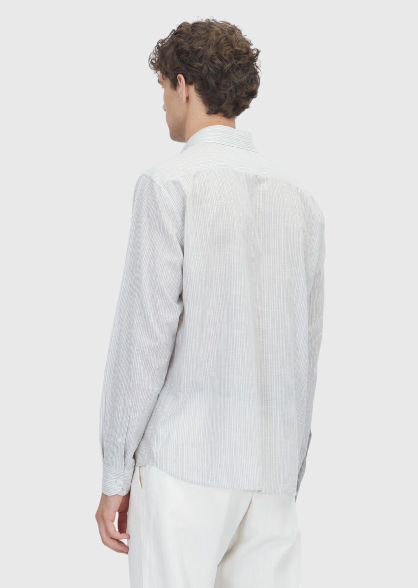 Grey Striped Regular Fit Weaving Casual 100% Cotton Shirt - 6