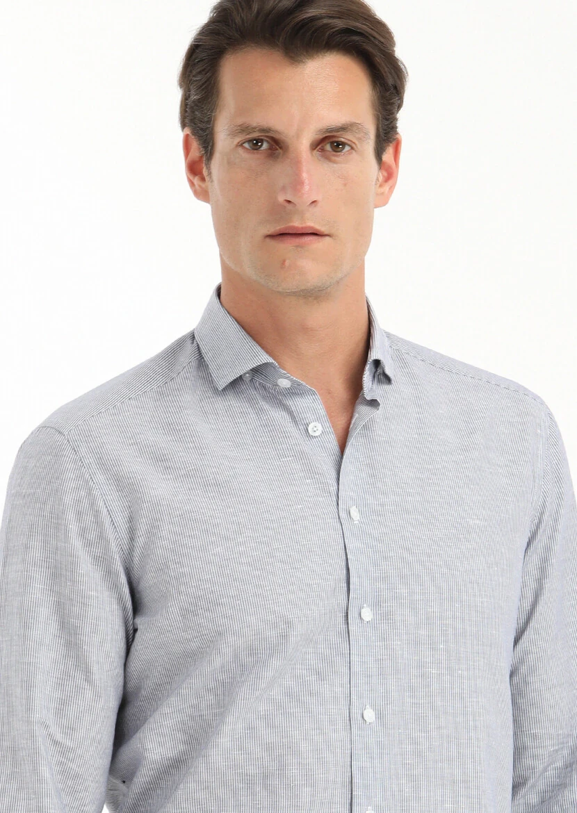 Grey Striped Regular Fit Weaving Casual Cotton Blended Shirt - 2