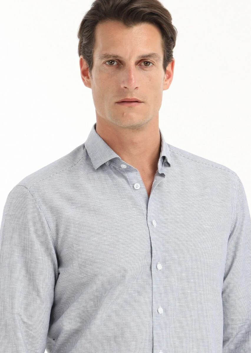 Grey Striped Regular Fit Weaving Casual Cotton Blended Shirt - 2