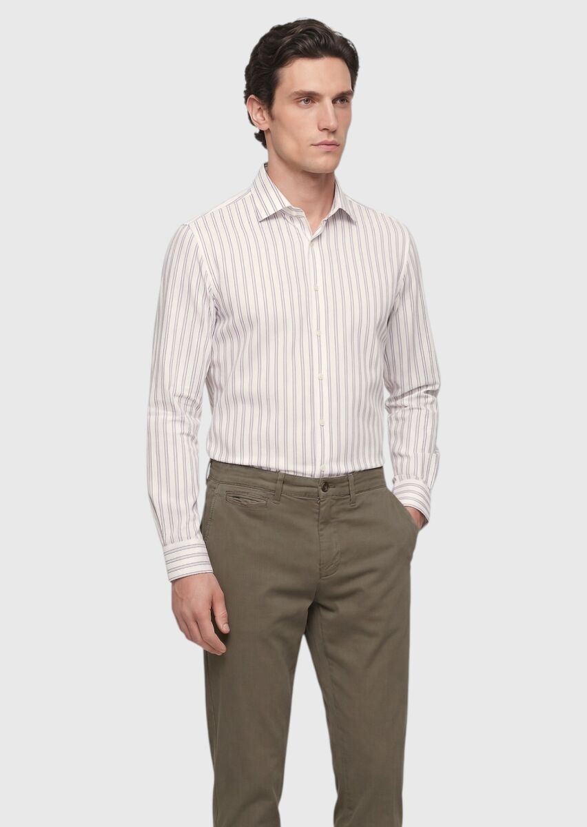 Grey Striped Regular Fit Weaving Casual Silk Blended Shirt - 4