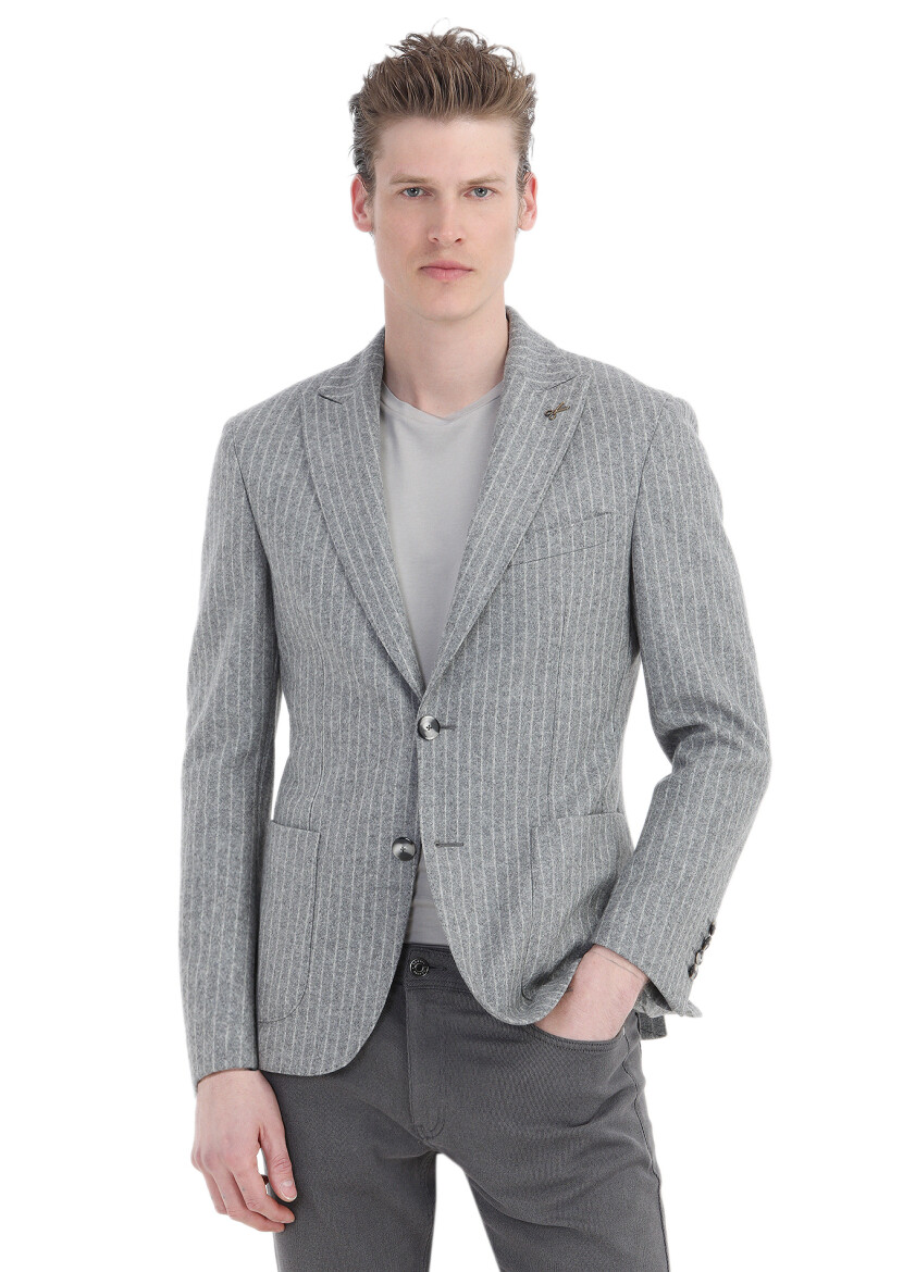 Grey Striped Shirt Shoulder Slim Fit Wool Blended Jacket - 1