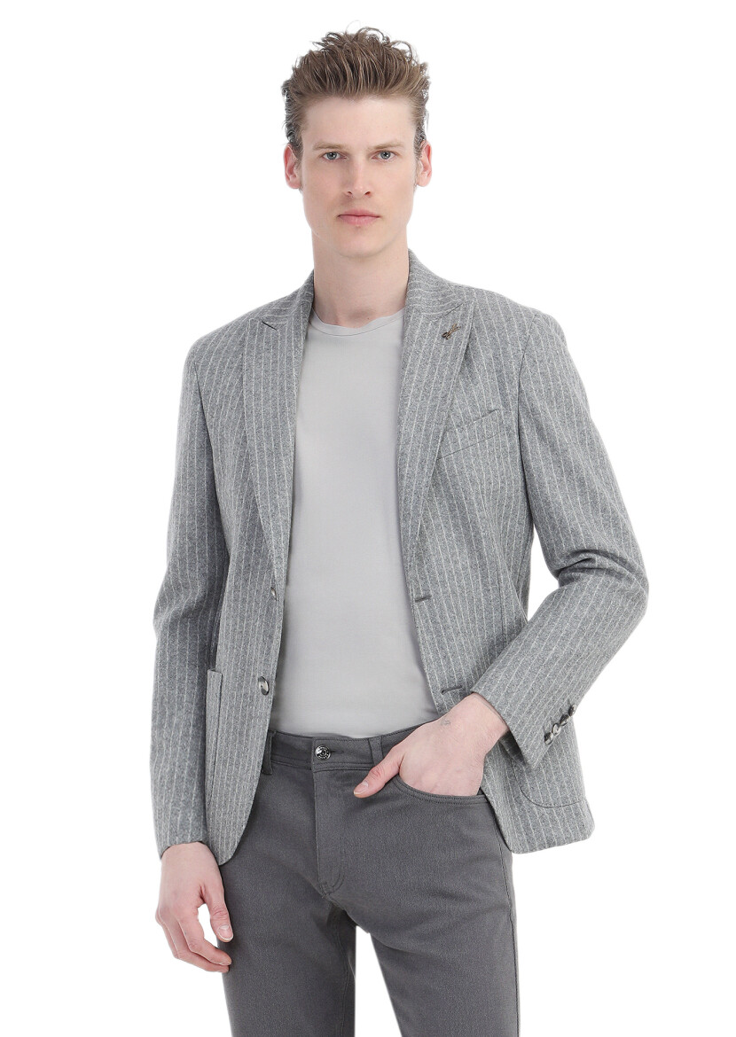 Grey Striped Shirt Shoulder Slim Fit Wool Blended Jacket - 3