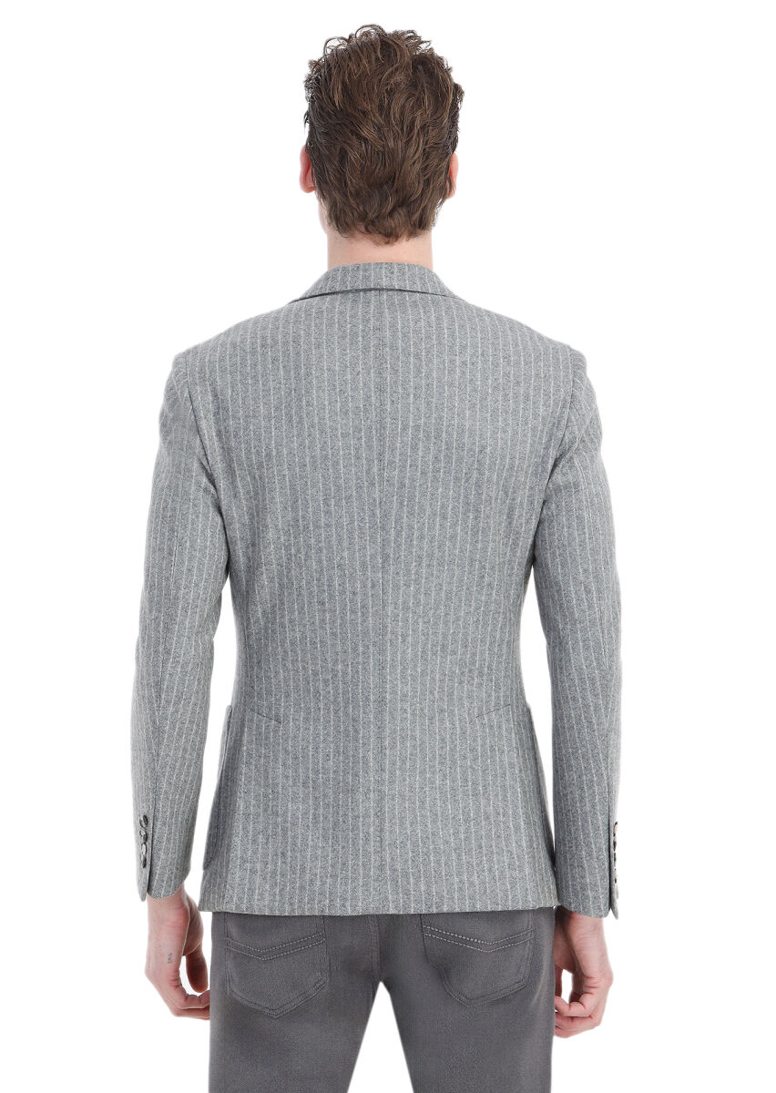 Grey Striped Shirt Shoulder Slim Fit Wool Blended Jacket - 5