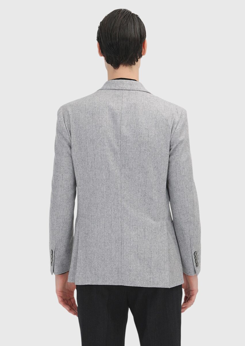 Grey Striped Shirt Shoulder Slim Fit Wool Blended Jacket - 5
