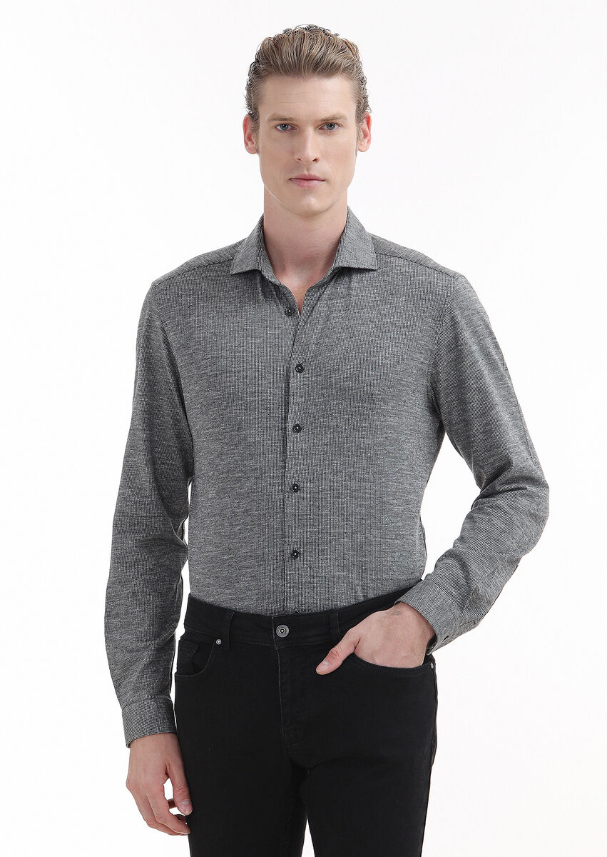 Grey Striped Slim Fit Knitting Casual 100% Cotton Shirt - 1