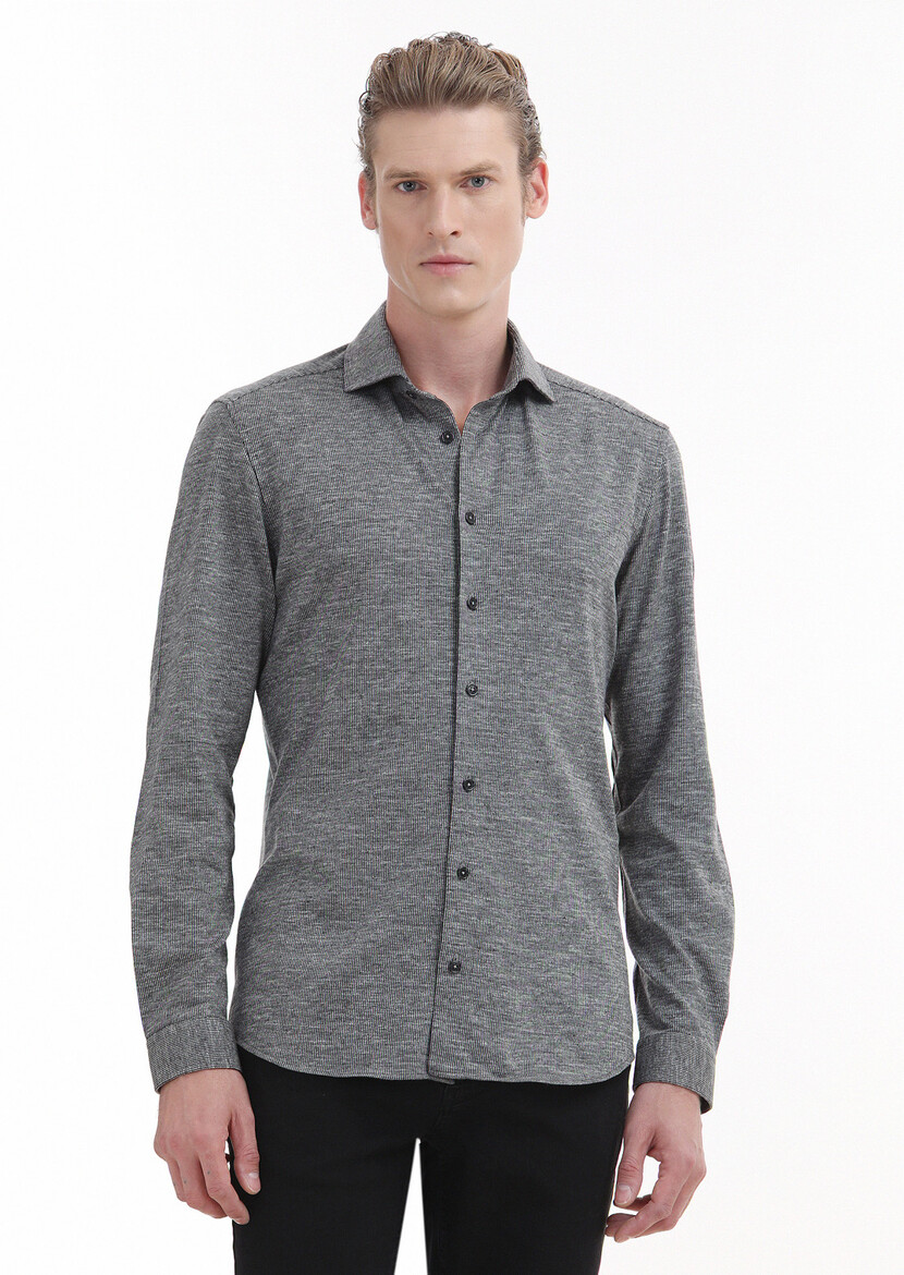 Grey Striped Slim Fit Knitting Casual 100% Cotton Shirt - 3