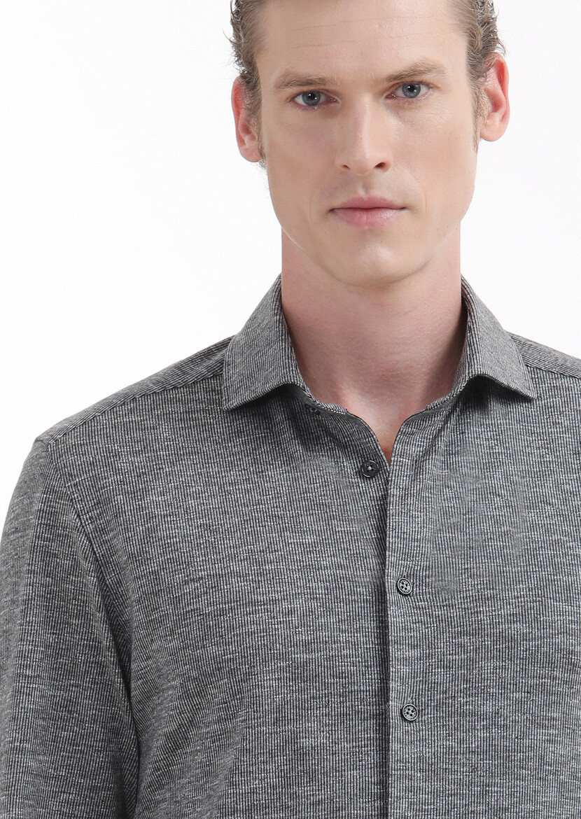 Grey Striped Slim Fit Knitting Casual 100% Cotton Shirt - 5