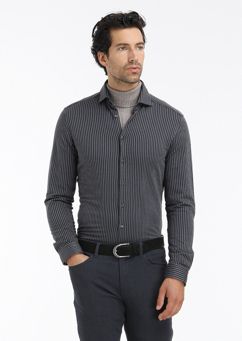 Grey Striped Slim Fit Long Knitting Casual 100% Cotton Shirt 