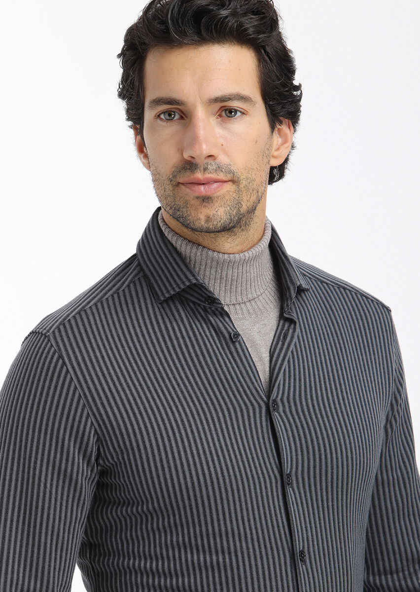 Grey Striped Slim Fit Long Knitting Casual 100% Cotton Shirt - 3