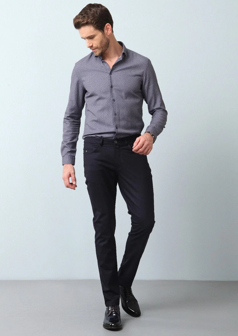 Grey Striped Slim Fit Weaving Casual 100% Cotton Shirt - 4