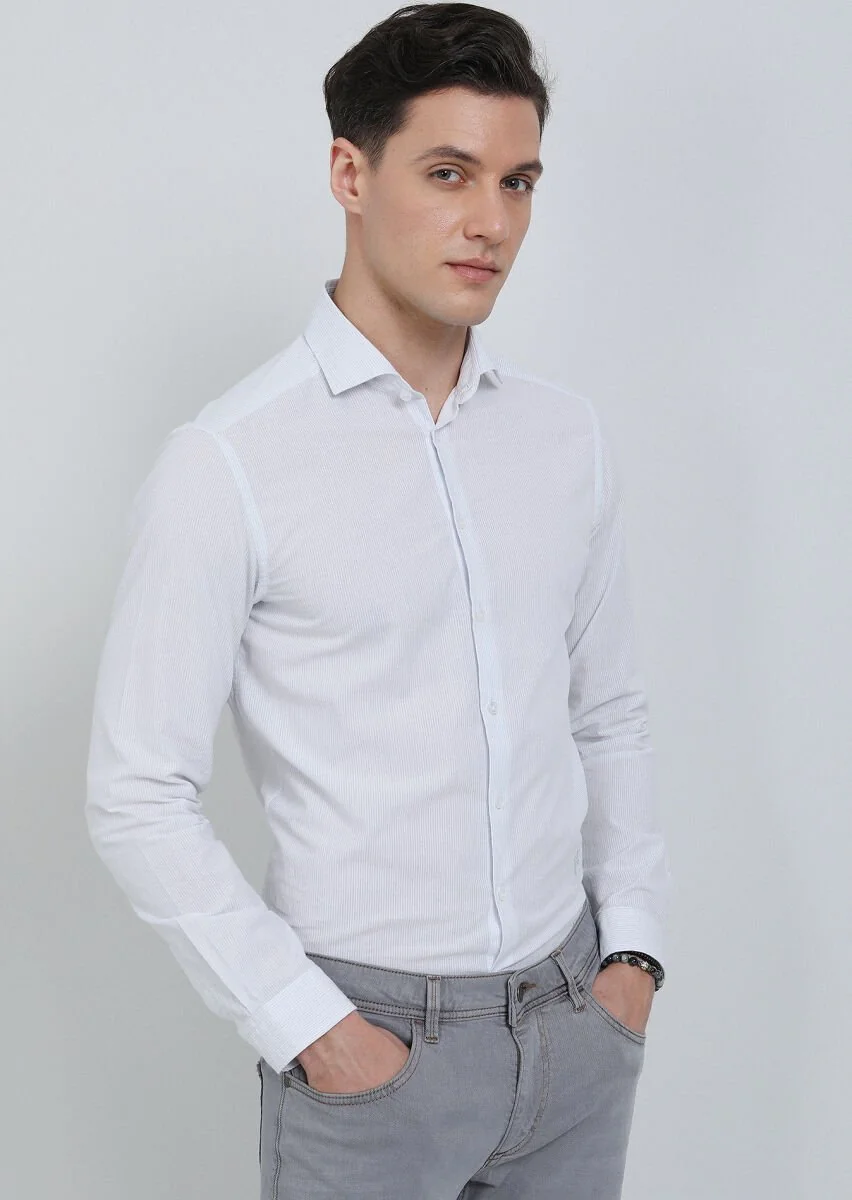 Grey Striped Slim Fit Weaving Casual Cotton Blended Shirt - 1