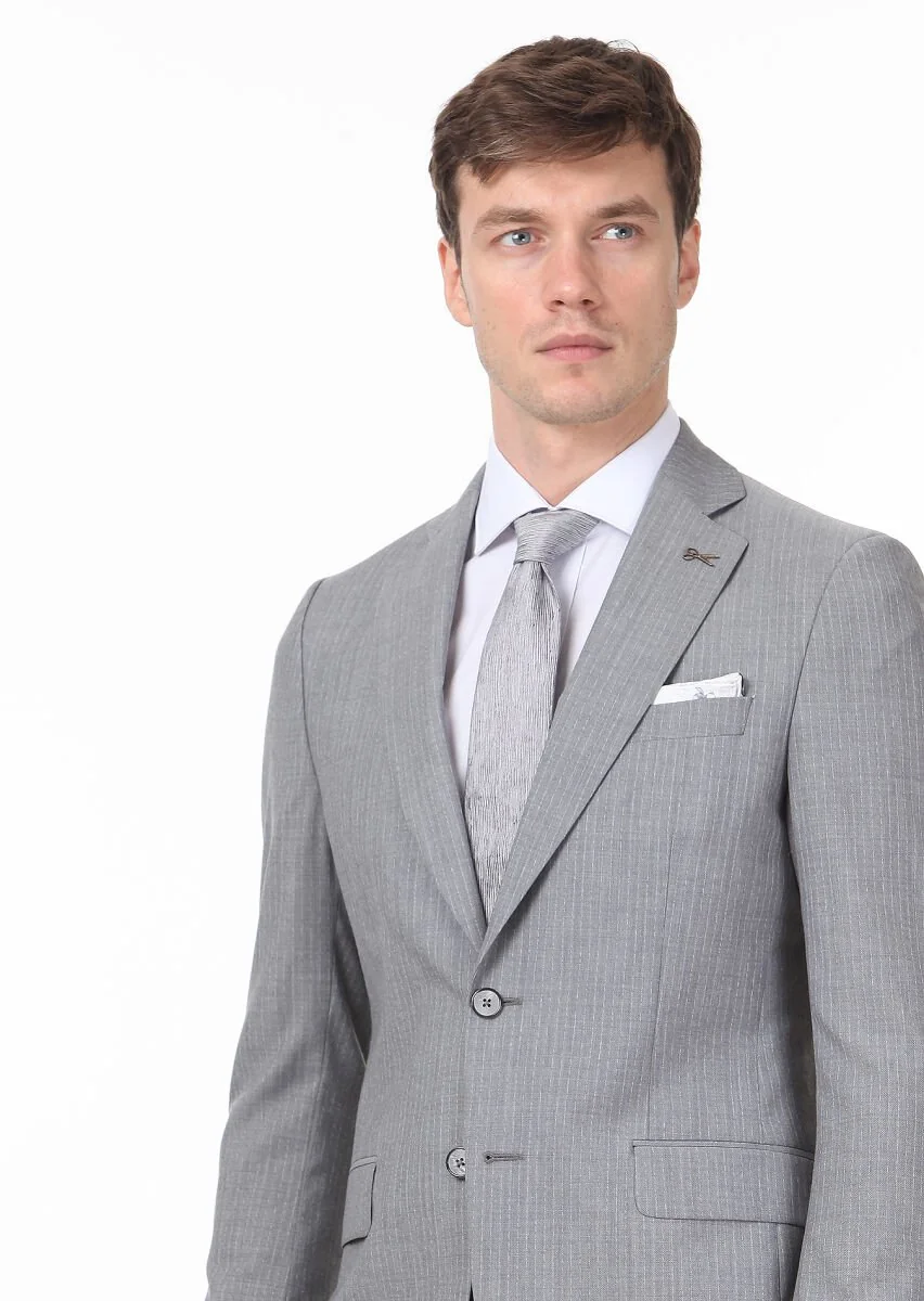 Grey Striped Thin&Taller Slim Fit 100% Wool Suit - 2