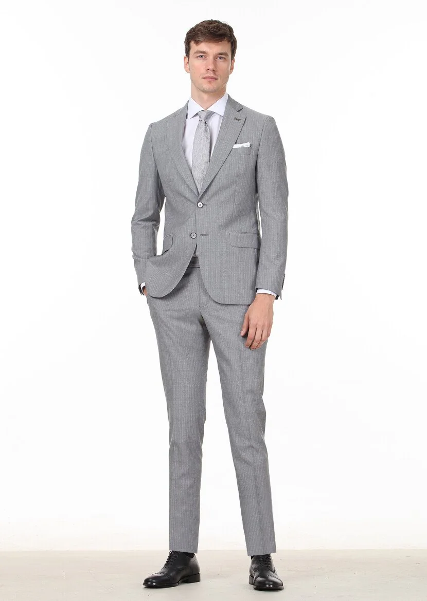 Grey Striped Thin&Taller Slim Fit 100% Wool Suit - 3