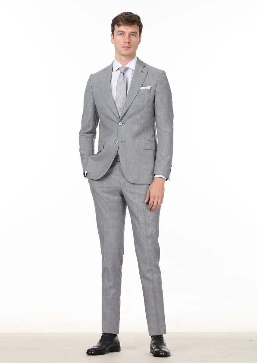 Grey Striped Thin&Taller Slim Fit 100% Wool Suit - 3