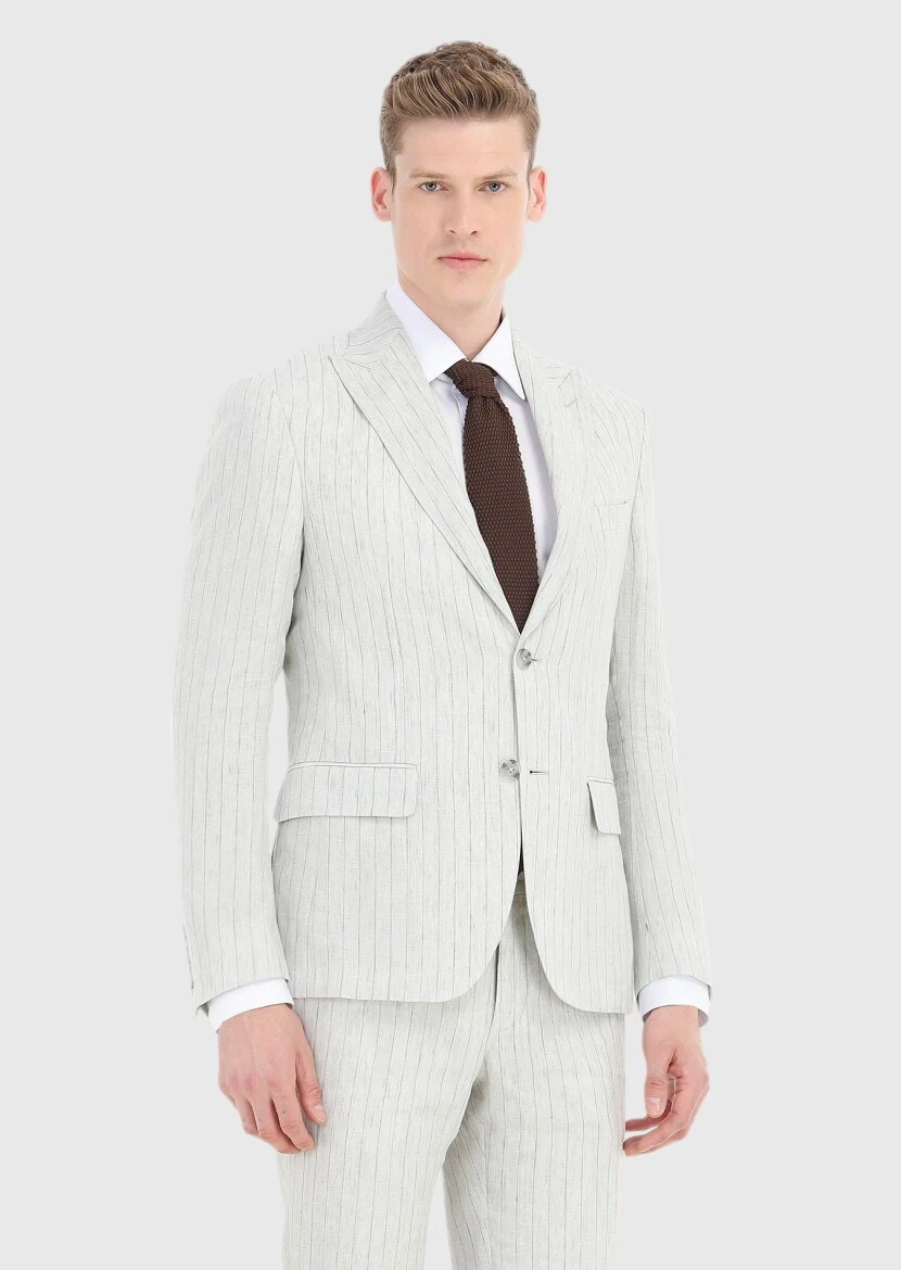 Grey Striped Zeroweight Slim Fit 100% Linen Suit - 2