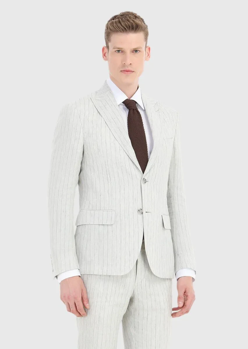 Grey Striped Zeroweight Slim Fit 100% Linen Suit - 2
