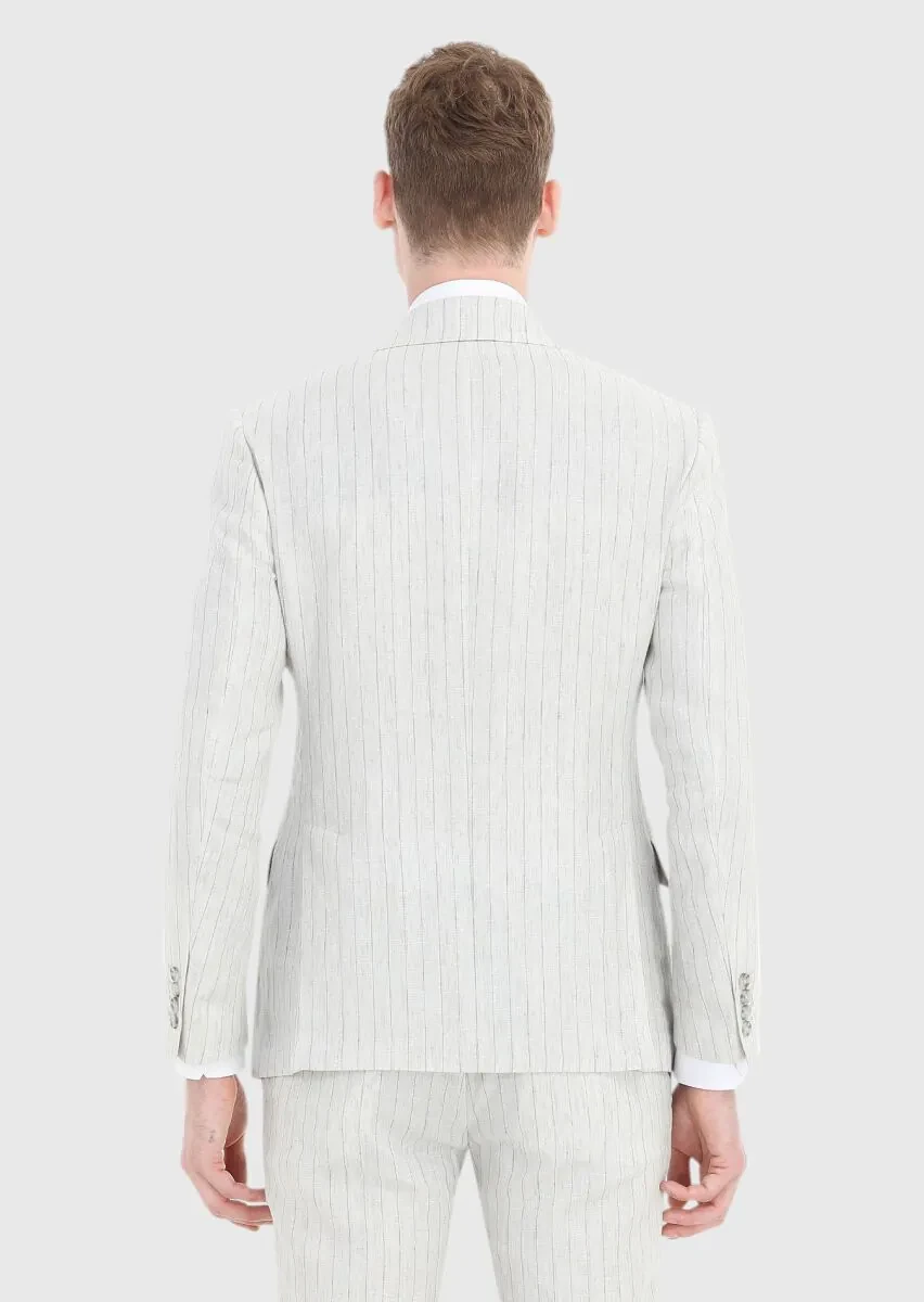 Grey Striped Zeroweight Slim Fit 100% Linen Suit - 5