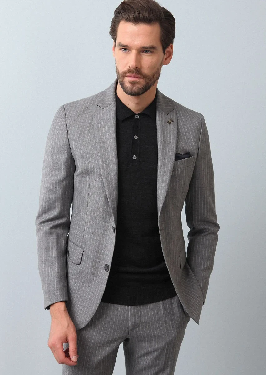 Grey Striped Zeroweight Slim Fit 100% Wool Suit - 2