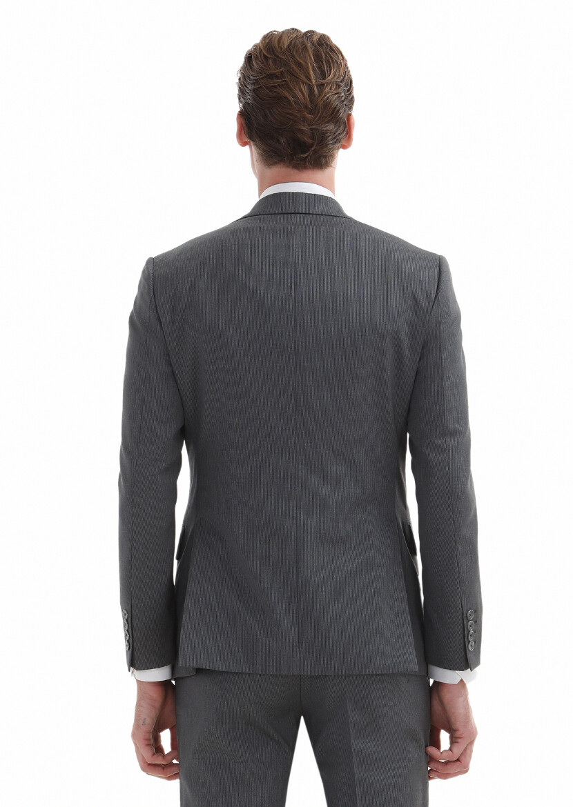 Grey Striped Zeroweight Slim Fit 100% Wool Suit - 3