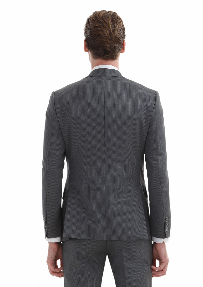 Grey Striped Zeroweight Slim Fit 100% Wool Suit - 3