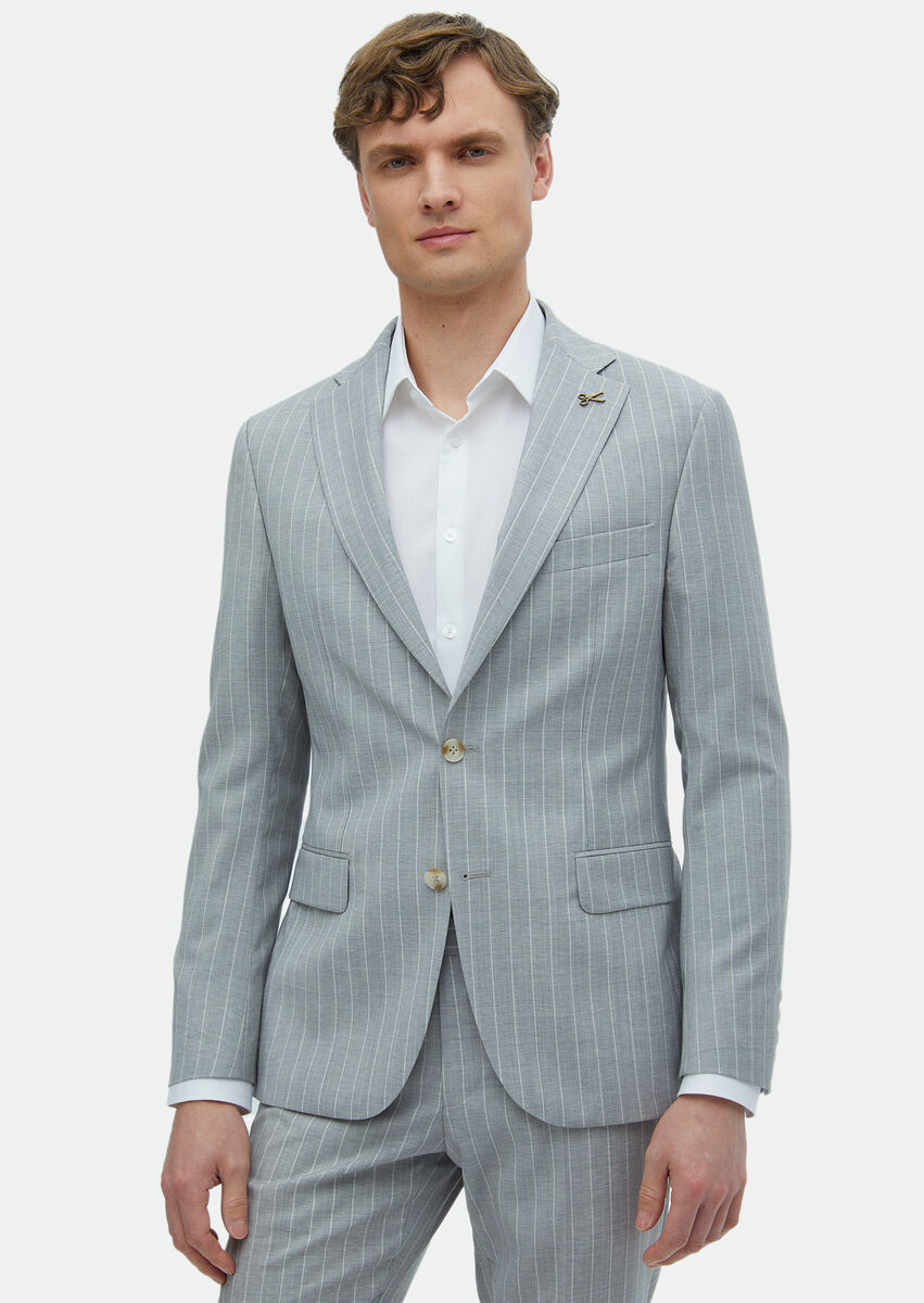 Grey Striped Zeroweight Slim Fit 100% Wool Suit - 1